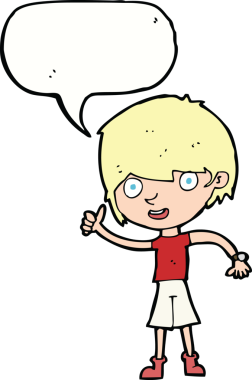 Bir insan tarafından çizilen konuşma baloncuğuyla pozitif tavırlı çizgi film çocuğu.