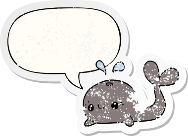 Konuşma baloncuğu olan şirin bir balina, bir insan tarafından çizilmiş sıkıntılı eski bir çıkartma.