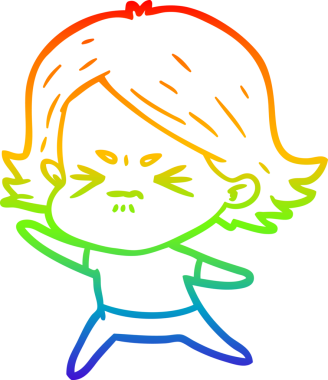 Gökkuşağı gradyan çizimi bir insan tarafından çizilmiş kızgın bir kız çizgi filmi