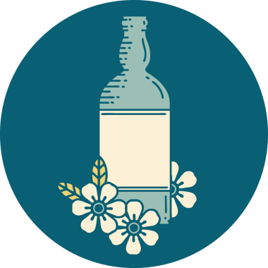 Rom şişesi ve bir insan tarafından çizilmiş çiçeklerin ikonik dövme şekli.