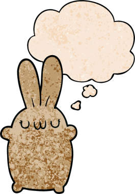 Bir insan tarafından çizilmiş grunge desenli düşünce baloncuklu çizgi film tavşanı.