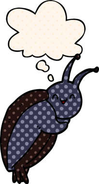 Çizgi roman tarzında bir insan tarafından çizilmiş düşünce baloncuğu olan sevimli çizgi film böceği.