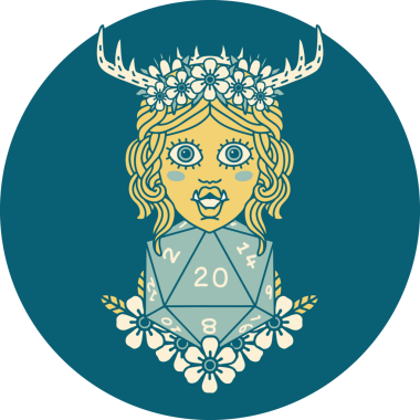 Retro Dövme Biçimi Yarı Ork Druid Bir insan tarafından çizilmiş 20 zar ile