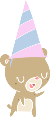 Düz renkli çizgi film ayısı bir insan tarafından çizilmiş parti şapkası giyiyor.