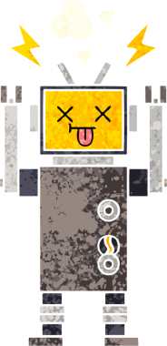 Bir insan tarafından çizilmiş arızalı bir robotun retro çizim tarzı karikatürü