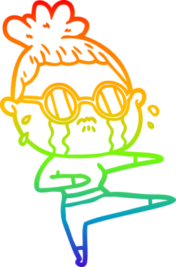 Gökkuşağı gradyan çizgi çizimi. Bir insan tarafından çizilmiş gözlük takan ağlayan bir kadın.