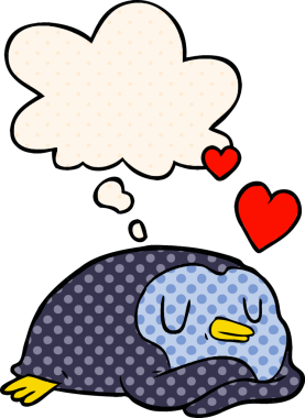 Çizgi roman tarzında bir insan tarafından çizilmiş düşünce baloncuğuna aşık penguen.