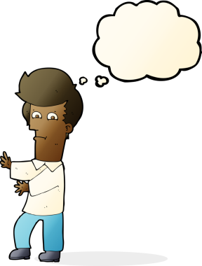 Bir insan tarafından çizilmiş düşünce baloncuğuyla el kol hareketi yapan bir çizgi film adamı.