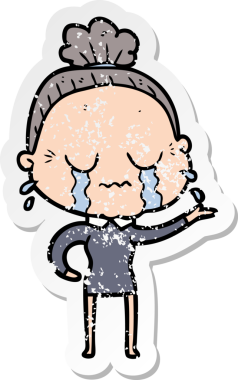 Bir insan tarafından çizilmiş, ağlayan yaşlı bir kadın karikatürü.