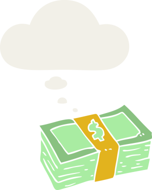 Düşünce baloncuklu karikatür parası bir insan tarafından çizilmiş.