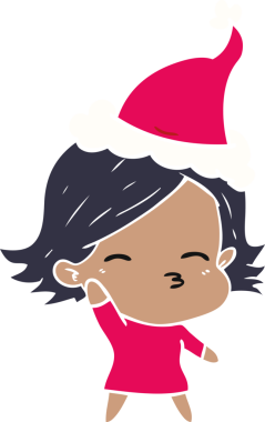 Bir insan tarafından çizilmiş Noel Baba şapkası takan bir kadının düz renkli çizimi.