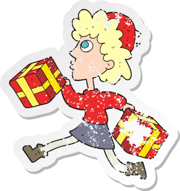 Bir insan tarafından çizilmiş hediyelerle koşan bir karikatür koşu kadının gerilimli retro çıkartması.