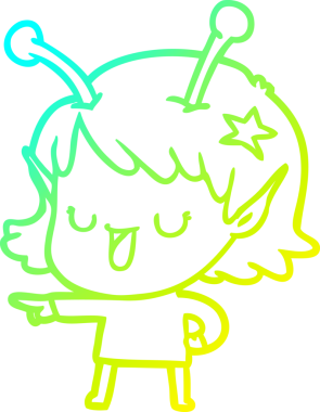 Bir insan tarafından çizilmiş mutlu bir uzaylı kız çizgi filmi.