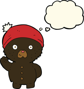 Bir insan tarafından çizilmiş düşünce baloncuğuyla kış şapkalı siyah oyuncak ayıyı sallayan çizgi film.