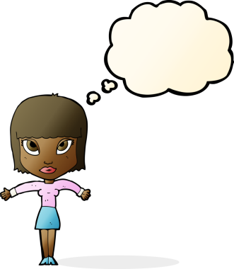 Bir insan tarafından çizilmiş düşünce baloncuğuyla omuz silken çizgi film kadını.