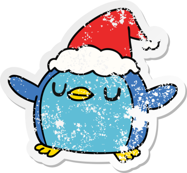 Bir insan tarafından çizilmiş kawaii pengueninin sıkıntılı yılbaşı çıkartması.