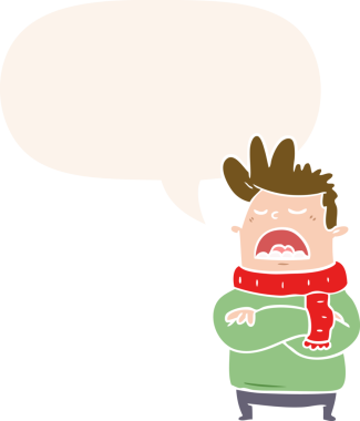 Kış kıyafetleri içinde, retro tarzı konuşma balonu olan iğrenç bir adam. Bir insan tarafından çizilmiş.