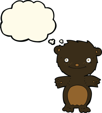 Bir insan tarafından çizilmiş düşünce baloncuğu olan mutlu küçük siyah ayı.