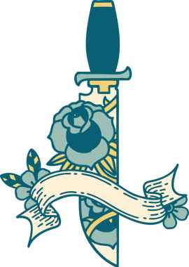 Geleneksel dövme, bir hançer ve bir insan tarafından çizilmiş çiçekler.