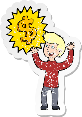 Bir insan tarafından çizilmiş para kazanma karikatürünün sıkıntılı retro yapıştırması