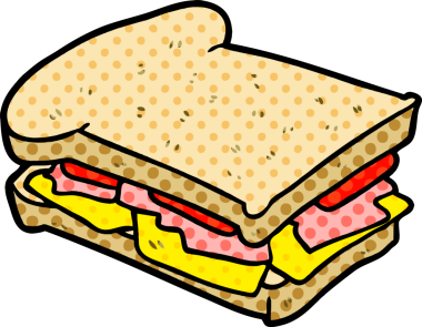 Bir insan tarafından çizilmiş jambonlu peynirli domatesli sandviç.