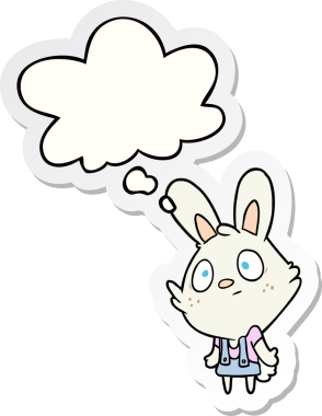Düşünce baloncuğuyla omuz silken çizgi film tavşanı insan tarafından çizilmiş bir çıkartma gibi.
