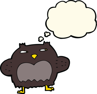 Bir insan tarafından çizilmiş düşünce baloncuklu şüpheli baykuş çizgi filmi.