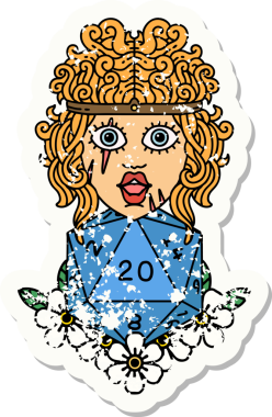 Bir insan tarafından çizilmiş doğal yirmi zarlı insan barbarının grunge sticker 'ı.