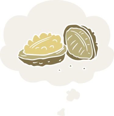 Düşünce baloncuklu karikatür cevizleri insan tarafından çizilmiş.