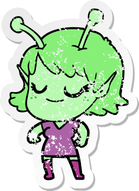 Bir insan tarafından çizilmiş gülümseyen uzaylı kız çizgi filminin sıkıntılı çıkartması.