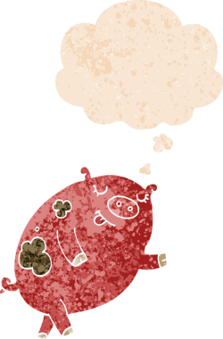 Homurdanan düşünce baloncuğu olan çizgi film dansçısı bir insan tarafından çizilmiş dertli eski moda bir domuz.