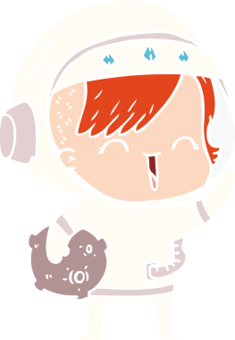 Düz renkli çizgi film. Mutlu uzay kızı bir insan tarafından çizilmiş ay taşını tutuyor.