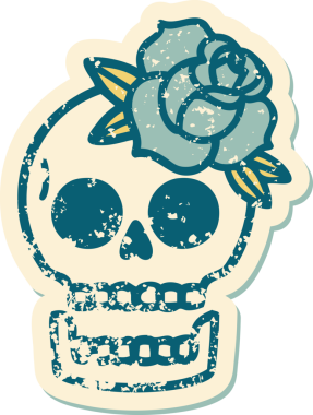 Bir insan tarafından çizilmiş kafatası ve gülün sembolik dövmeli görüntüsü.