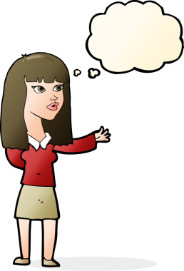 Bir insan tarafından çizilmiş düşünce baloncuğu olan bir şey göstermek isteyen bir karikatür kadını.