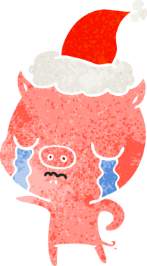 Bir insan tarafından çizilmiş Noel Baba şapkasıyla ağlayan bir domuzun el çizimi karikatürü