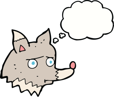 Bir insan tarafından çizilmiş düşünce kabarcığı olan mutsuz bir kurt çizgi filmi.