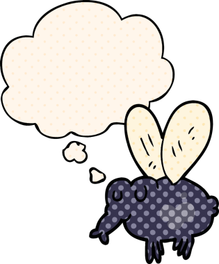 Çizgi roman tarzında bir insan tarafından çizilmiş düşünce baloncuğu olan çizgi film sineği.