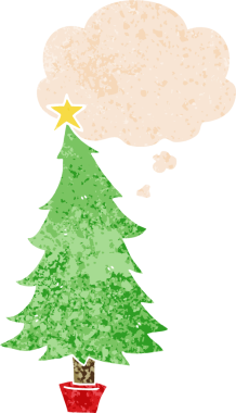 Düşünce baloncuğu olan karikatür noel ağacı grunge sıkıntılı retro dokuma tarzı bir insan tarafından çizilmiş
