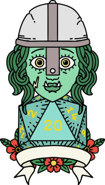 Retro Dövme Tarzı Yarı Ork Dövüşçüsü Bir insan tarafından çizilmiş doğal yirmi zar atışıyla