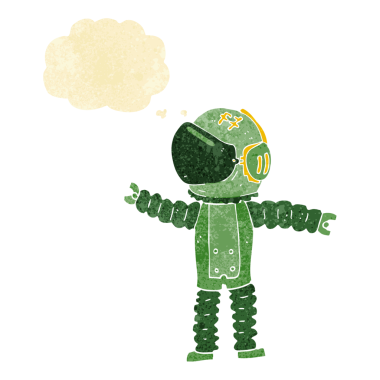 Karikatür astronotu bir insan tarafından çizilmiş düşünce baloncuğuyla uzanıyor.