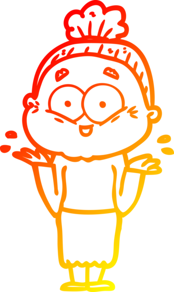 Bir insan tarafından çizilmiş mutlu, yaşlı bir kadının sıcak çizgi çizimi.