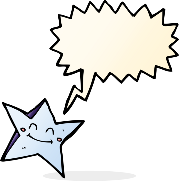 bir insan tarafından çizilmiş konuşma balonu olan mutlu bir yıldız karakteri.