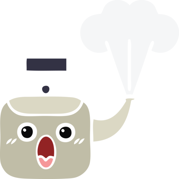 Bir insan tarafından çizilen dumanı tüten bir çaydanlığın düz renkli retro karikatürü