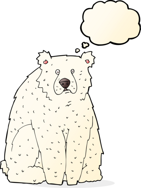 Bir insan tarafından çizilmiş düşünce baloncuklu komik kutup ayısı.