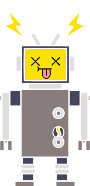 Bir insan tarafından çizilmiş arızalı bir robotun düz renk retro karikatürü