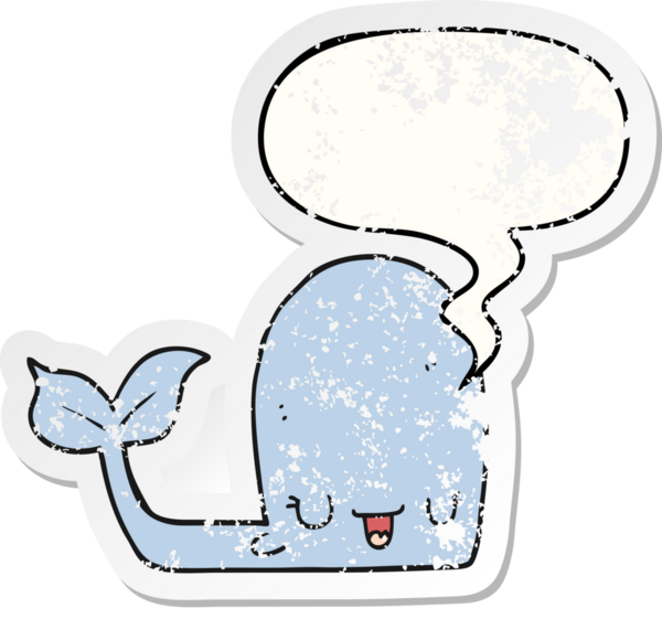 Mutlu balina çizgi filmi konuşma baloncuğu bir insan tarafından çizilmiş sıkıntılı eski bir çıkartma