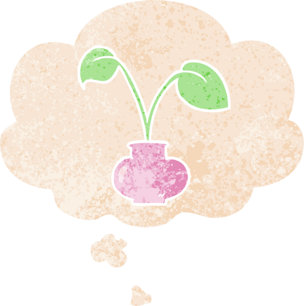 Düşünce baloncuklu karikatür bitkisi grunge sıkıntılı retro desenli bir insan tarafından çizilmiş