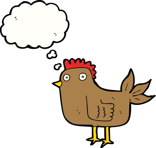 Bir insan tarafından çizilmiş düşünce kabarcığı olan çizgi film tavuğu.
