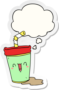 Düşünce baloncuklu tatlı karikatür gazozu bir insan tarafından çizilmiş çıkartma gibi.