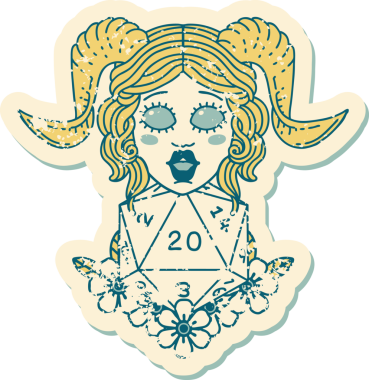 Bir insan tarafından çizilmiş doğal yirmilik zarla süslenmiş grunge çıkartması.